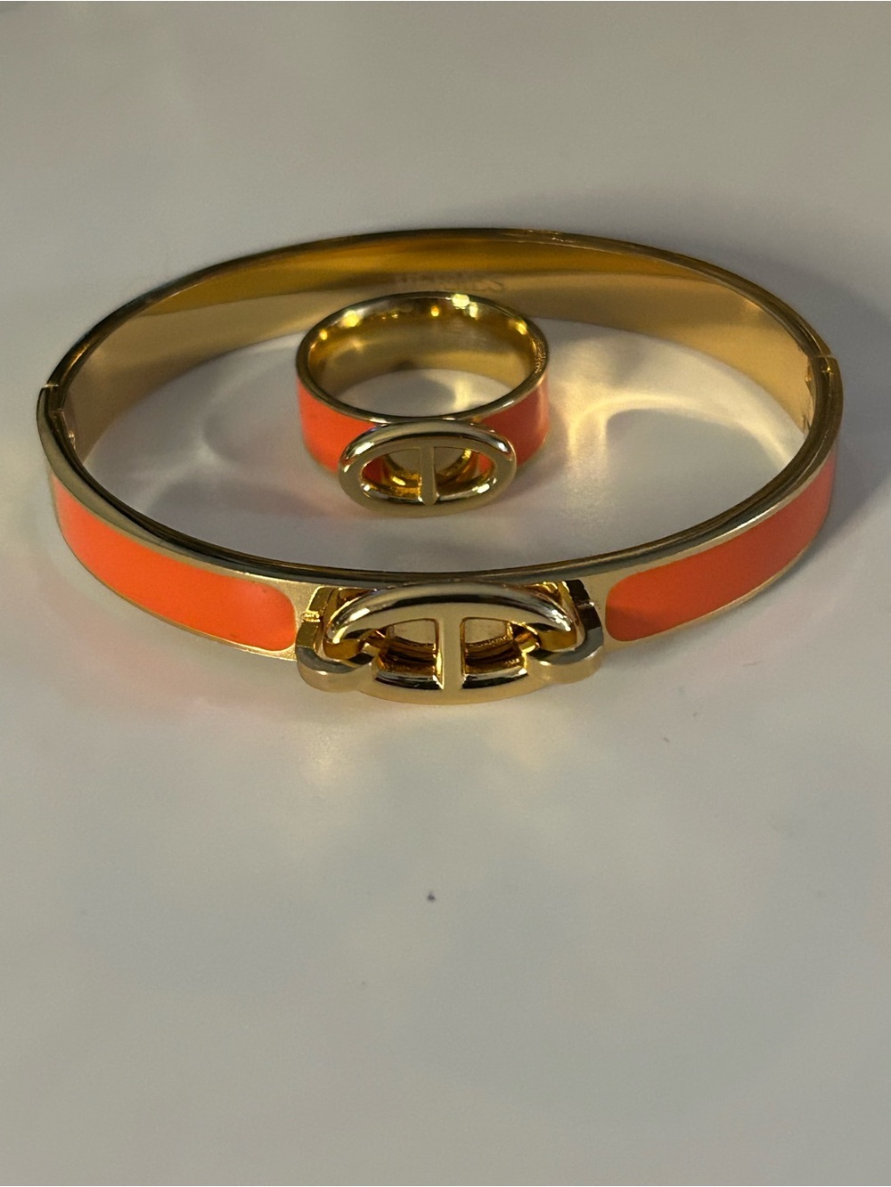 Gold-Tone Orange Enamel Bangle and Ring Set
